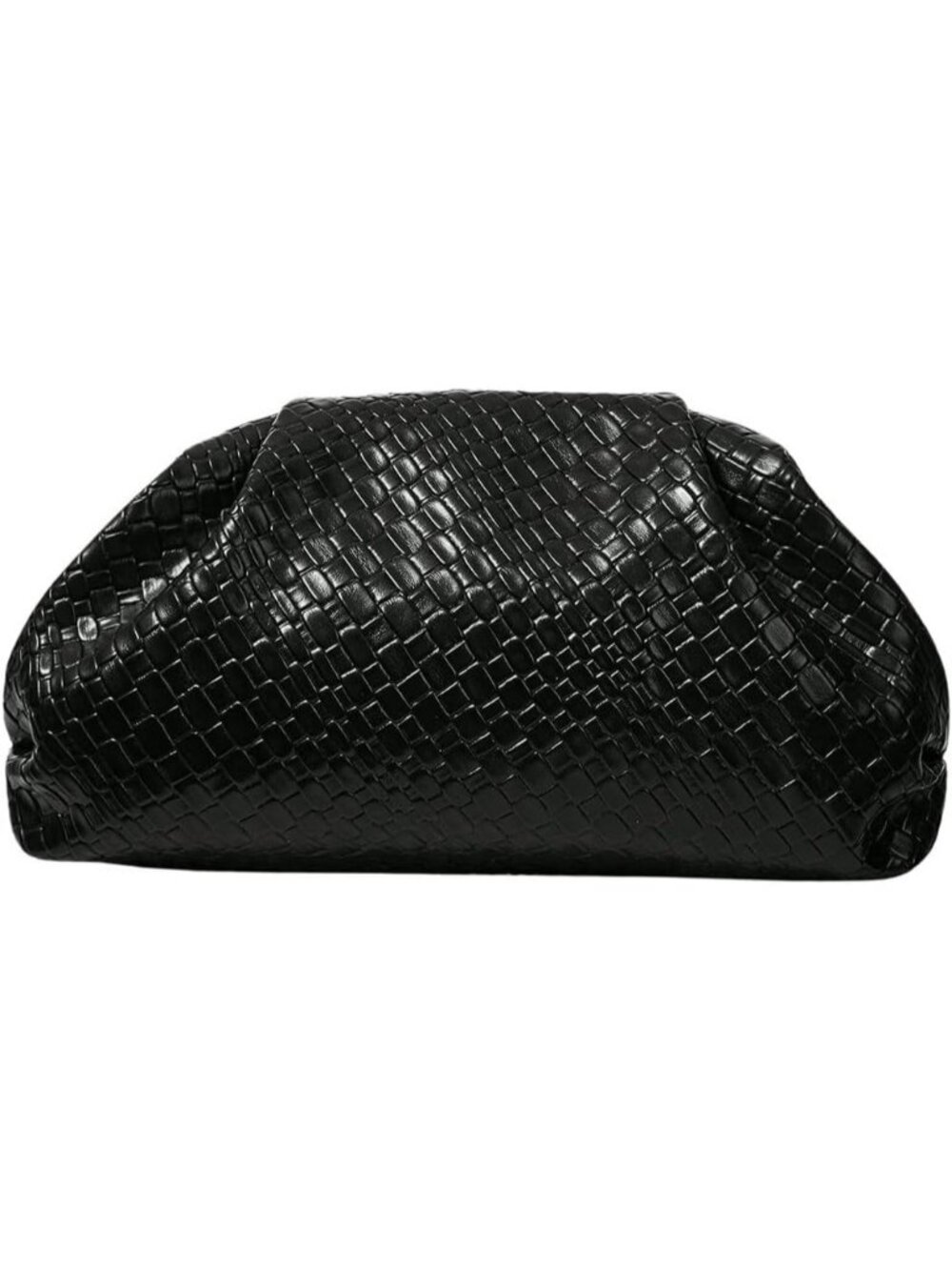 Women's Black Straw Woven Faux Pearl Ruched Dumpling Clutch Evening Bag Purse